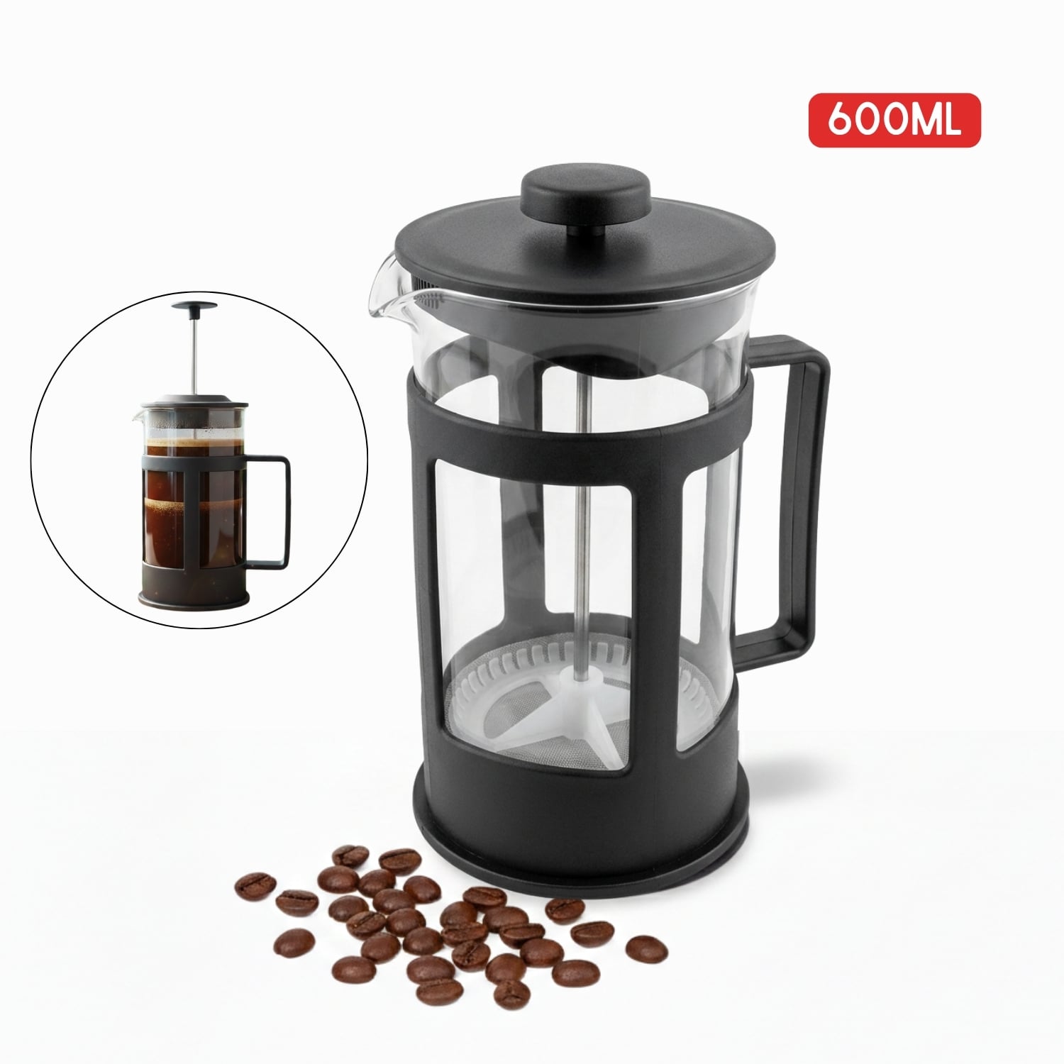 CAFETERA PRENSA FRANCESA 600ML VIDRIO BOROSILICATO RESISTENTE - 1