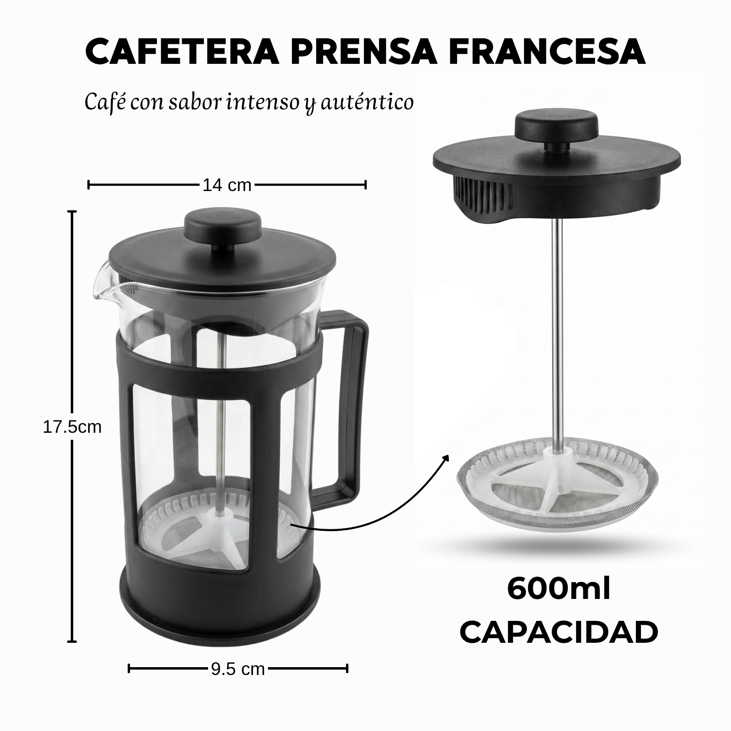CAFETERA PRENSA FRANCESA 600ML VIDRIO BOROSILICATO RESISTENTE - 3
