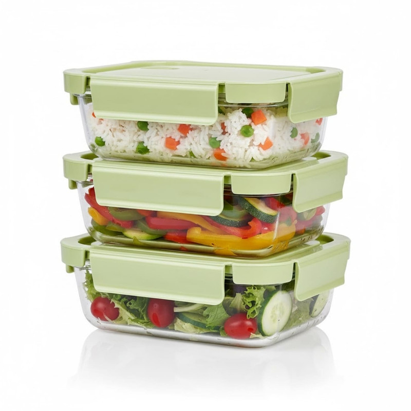TAPER DE VIDRIO HERMÉTICO 1040ML RECTANGULAR SET 3 UNIDADES VERDE - 1