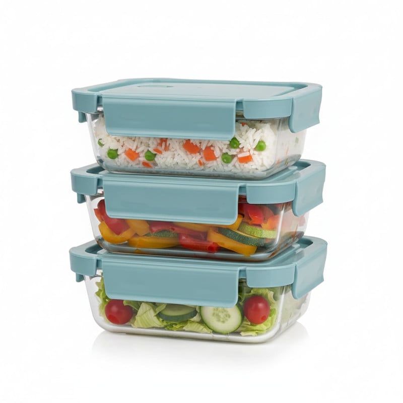 TAPER DE VIDRIO HERMÉTICO 1040ML RECTANGULAR SET 3 UNIDADES CELESTE - 1