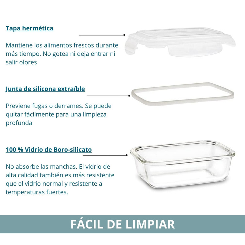 TAPER DE VIDRIO HERMÉTICO 1040ML RECTANGULAR SET 3 UNIDADES CELESTE - 4