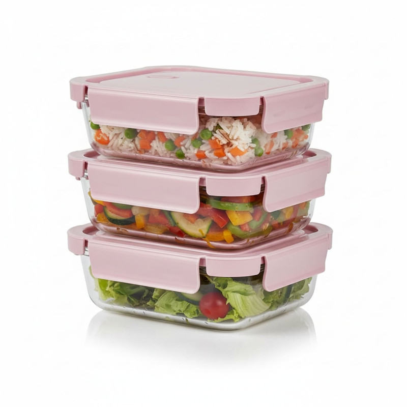 TAPER DE VIDRIO HERMÉTICO 1040ML RECTANGULAR SET 3 UNIDADES ROSA - 1