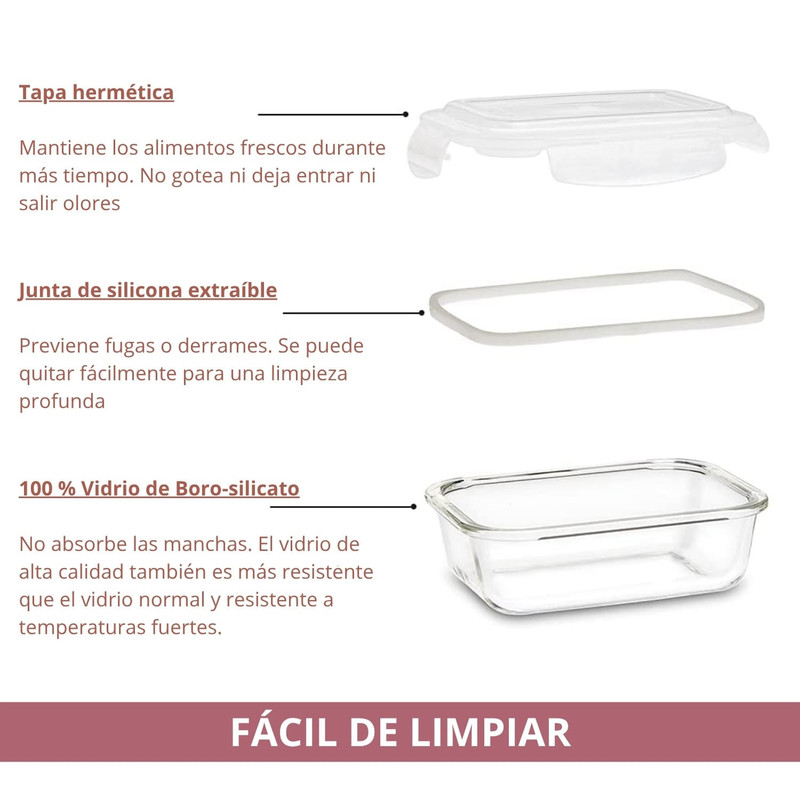 TAPER DE VIDRIO HERMÉTICO 1040ML RECTANGULAR SET 3 UNIDADES ROSA - 5