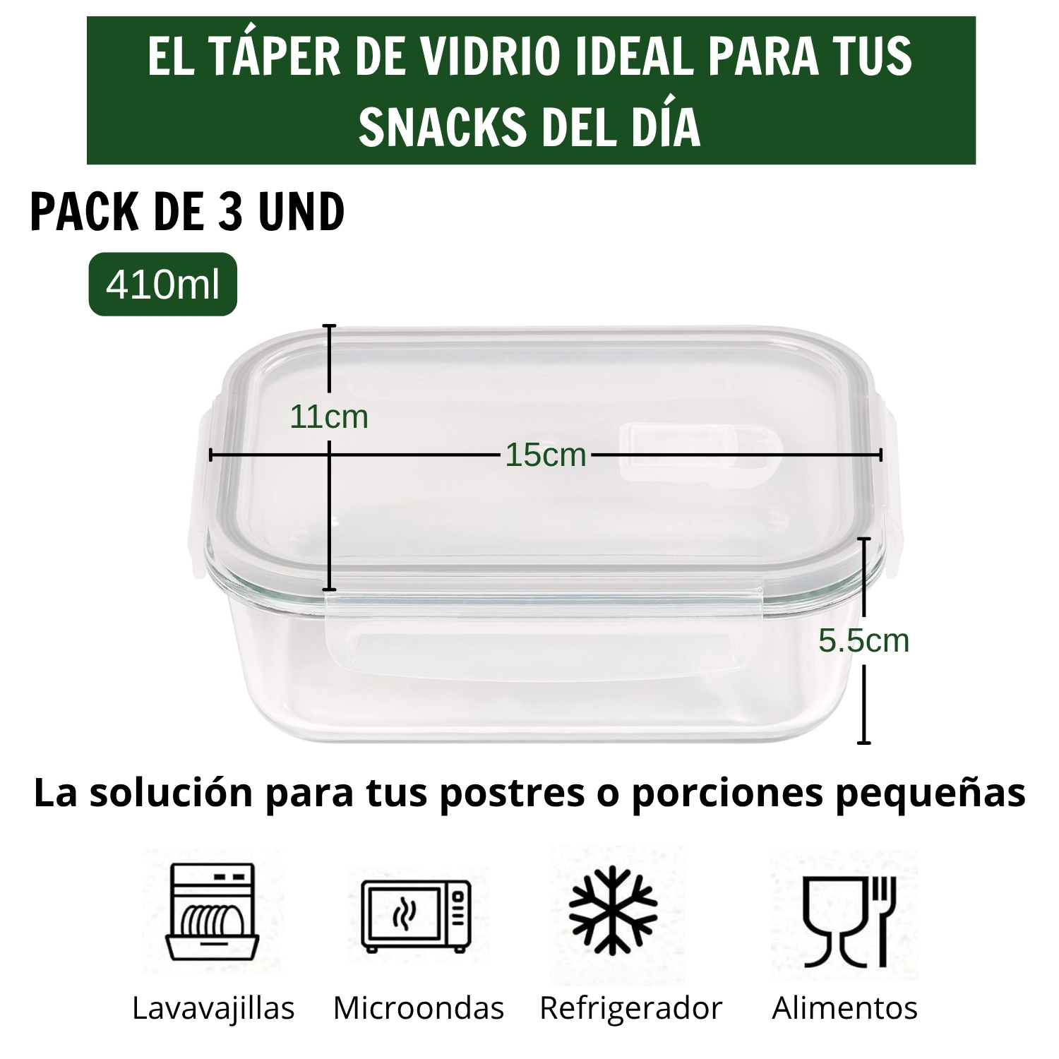 TAPER HERMÉTICO DE VIDRIO PARA SNACKS 410ML PACK 3 - 2