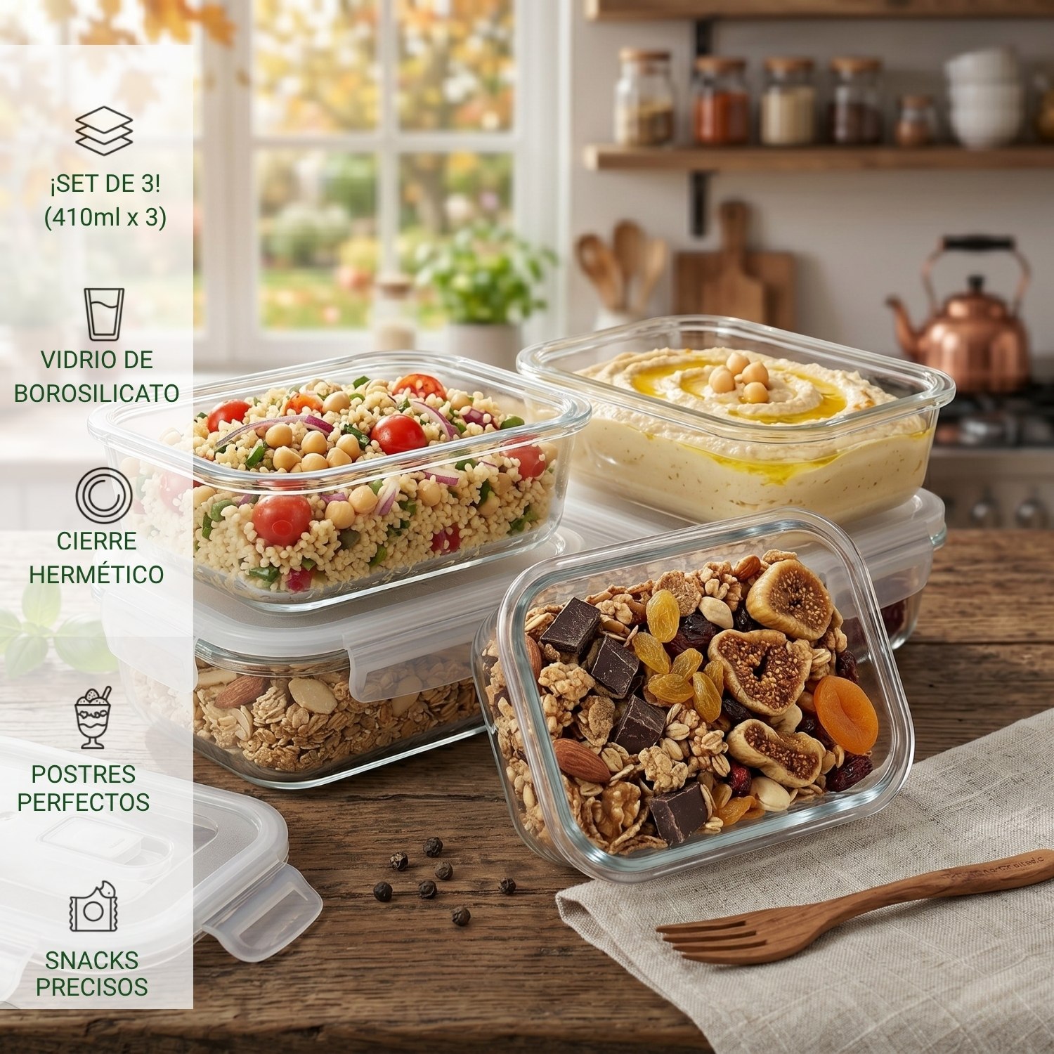 TAPER HERMÉTICO DE VIDRIO PARA SNACKS 410ML PACK 3 - 3