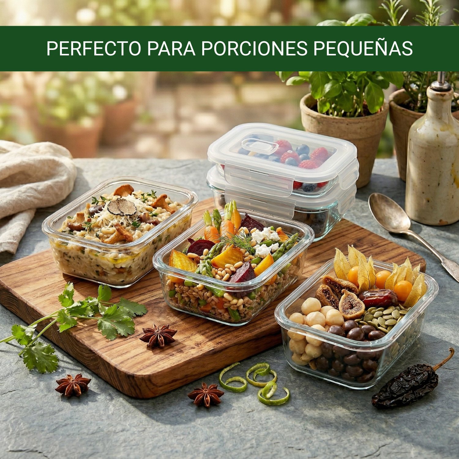 TAPER HERMÉTICO DE VIDRIO PARA SNACKS 410ML PACK 3 - 5