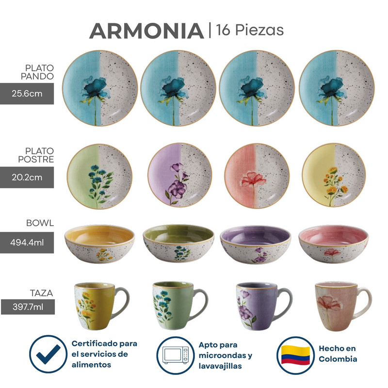VAJILLA CORONA ARMONÍA 16 PIEZAS FLORAL MULTICOLOR - 3