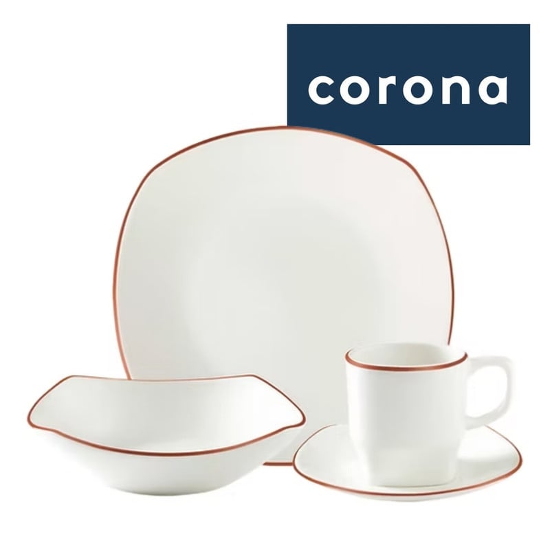 VAJILLA CORONA ZURICH 16 PIEZAS PLATOS Y TAZAS SEMICUADRADAS - 1
