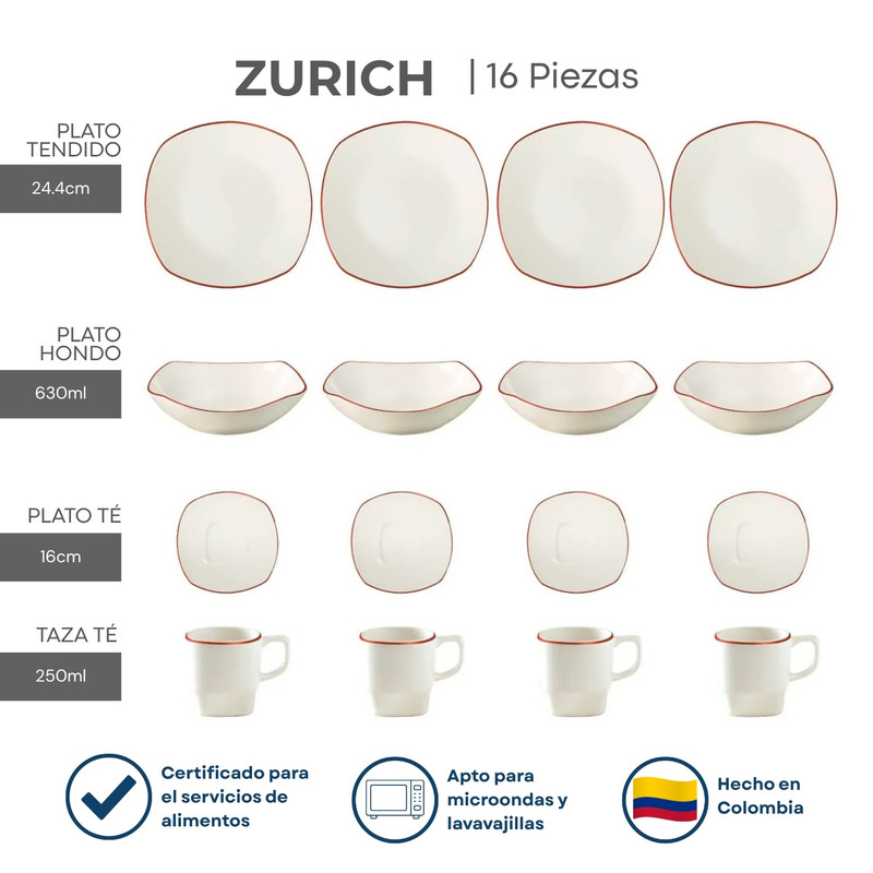 VAJILLA CORONA ZURICH 16 PIEZAS PLATOS Y TAZAS SEMICUADRADAS - 3