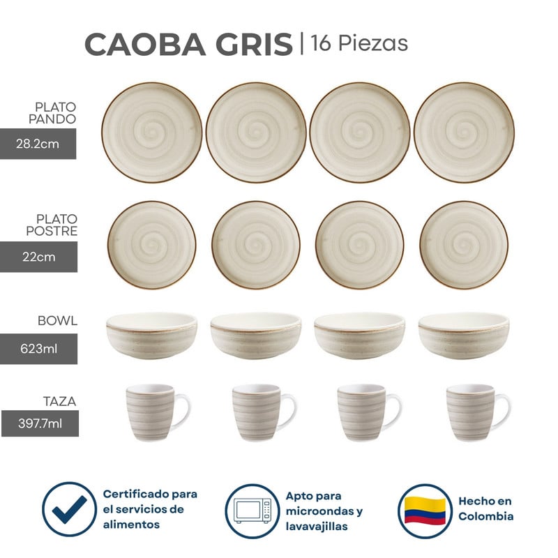 VAJILLA CORONA CAOBA GRIS 16 PIEZAS ESTILO ARTESANAL - 4
