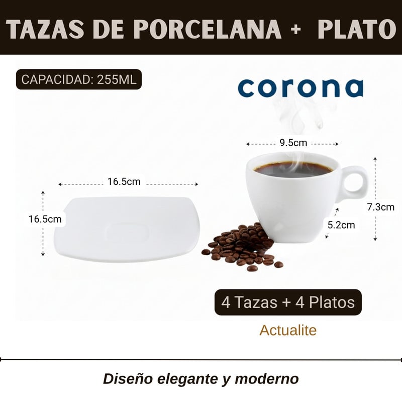 JUEGO DE TAZAS 255ML 8PZS ACTUALITE CORONA – TAZAS + PLATOS - 2