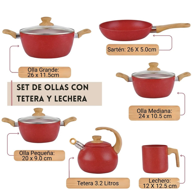 JUEGO DE OLLA DE ROCA VOLCÁNICA ANTIADHERENTE Y LIVIANA POR 10 PIEZAS ROJO - 2