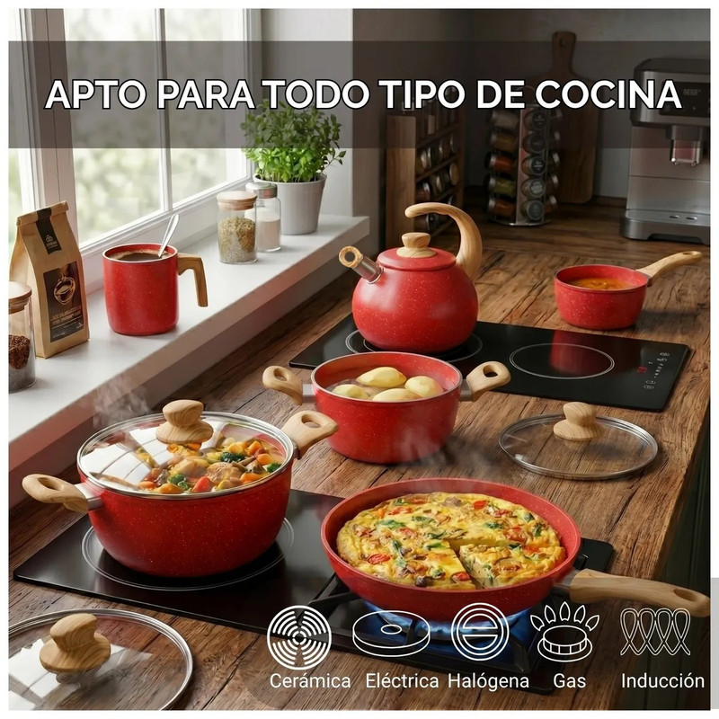 JUEGO DE OLLA DE ROCA VOLCÁNICA ANTIADHERENTE Y LIVIANA POR 10 PIEZAS ROJO - 3