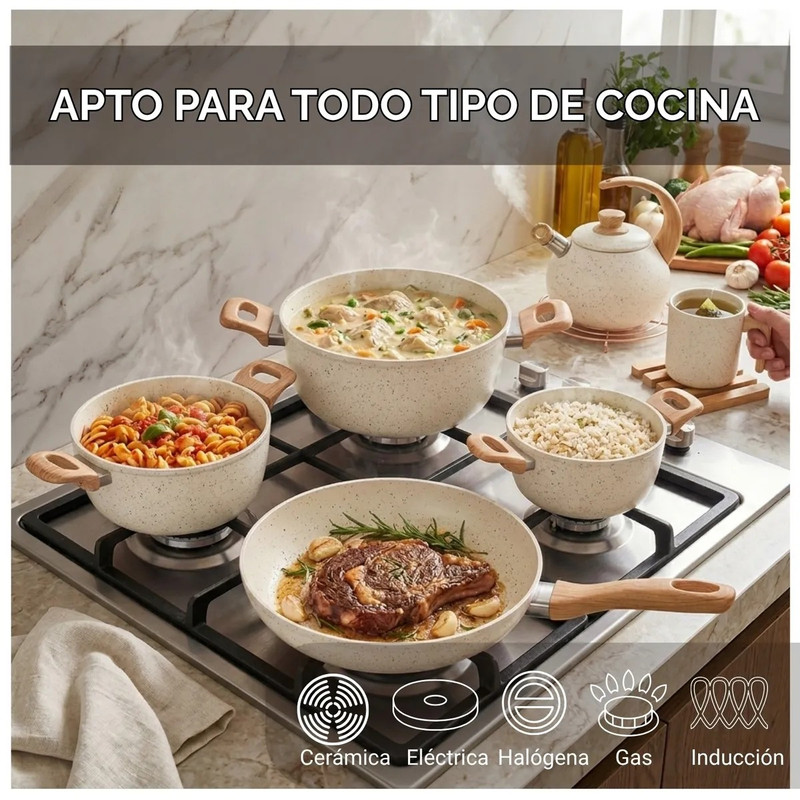 JUEGO DE OLLA DE ROCA VOLCÁNICA ANTIADHERENTE Y LIVIANA POR 10 PIEZAS CREMA - 3