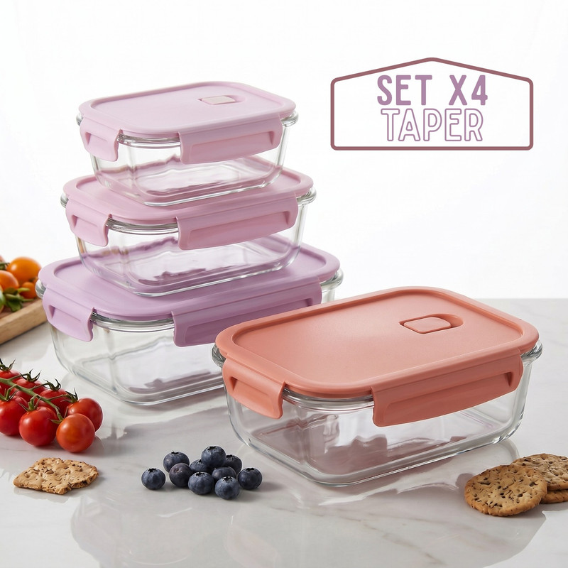 SET TÁPER DE VIDRIO HERMÉTICO 4 PZS 410-1520ML – ROSA - 1