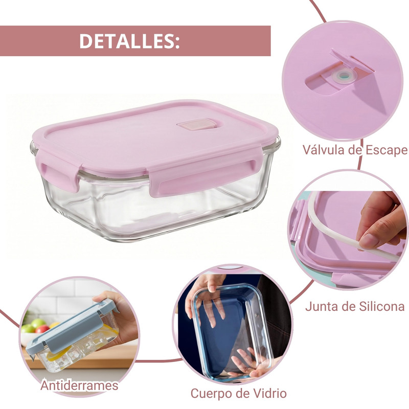SET TÁPER DE VIDRIO HERMÉTICO 4 PZS 410-1520ML – ROSA - 2