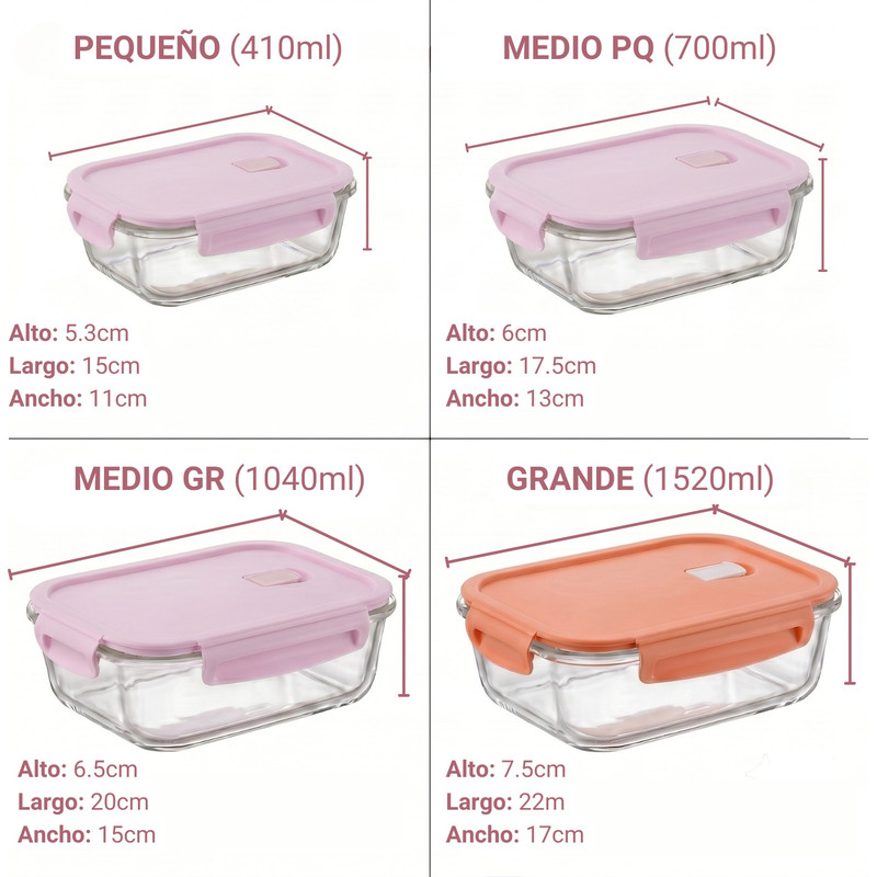 SET TÁPER DE VIDRIO HERMÉTICO 4 PZS 410-1520ML – ROSA - 3