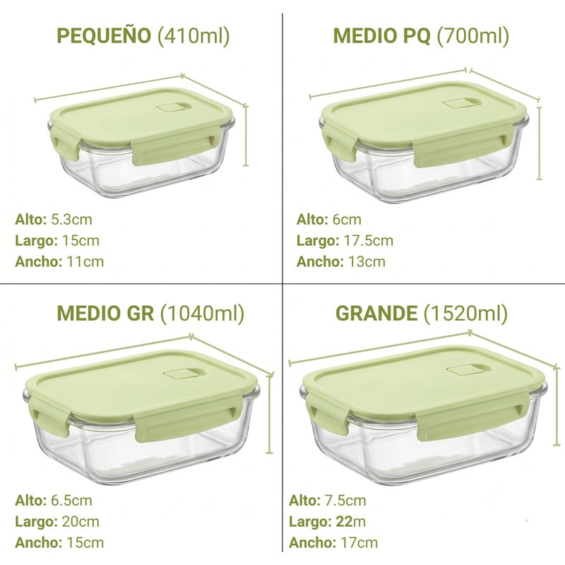 SET TÁPER DE VIDRIO HERMÉTICO 4 PZS 410-1520ML – VERDE - 3