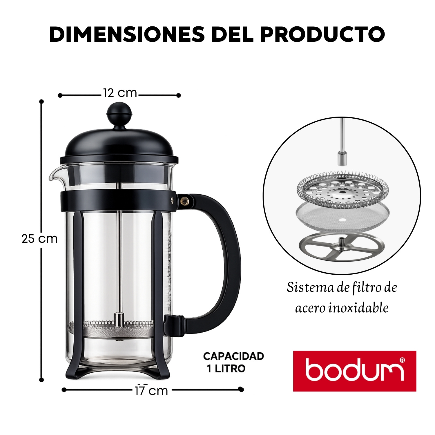 CAFETERA PRENSA FRANCESA 1000ML BODUM CHAMBORD 1L NEGRA - 2