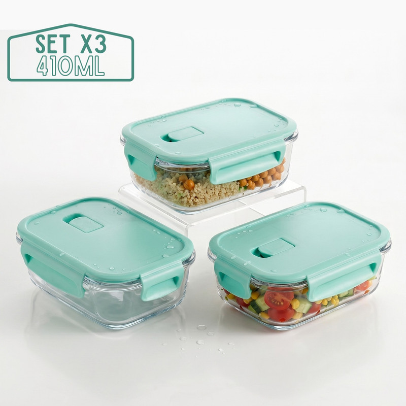 TAPER HERMÉTICO DE VIDRIO PARA SNACKS 410ML PACK 3 JADE - 1