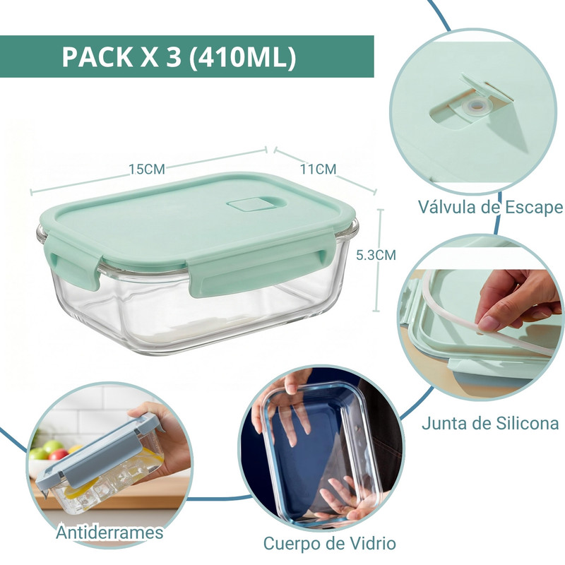 TAPER HERMÉTICO DE VIDRIO PARA SNACKS 410ML PACK 3 JADE - 2