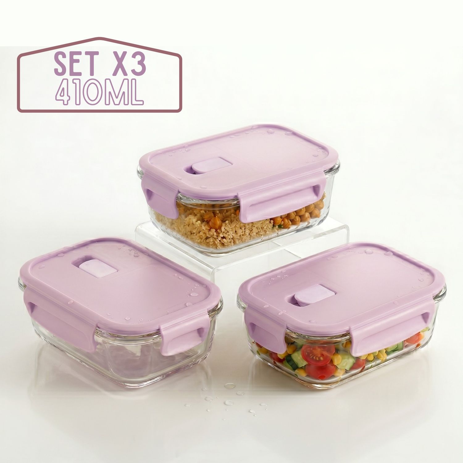 TAPER HERMÉTICO DE VIDRIO PARA SNACKS 410ML PACK 3 ROSA - 1