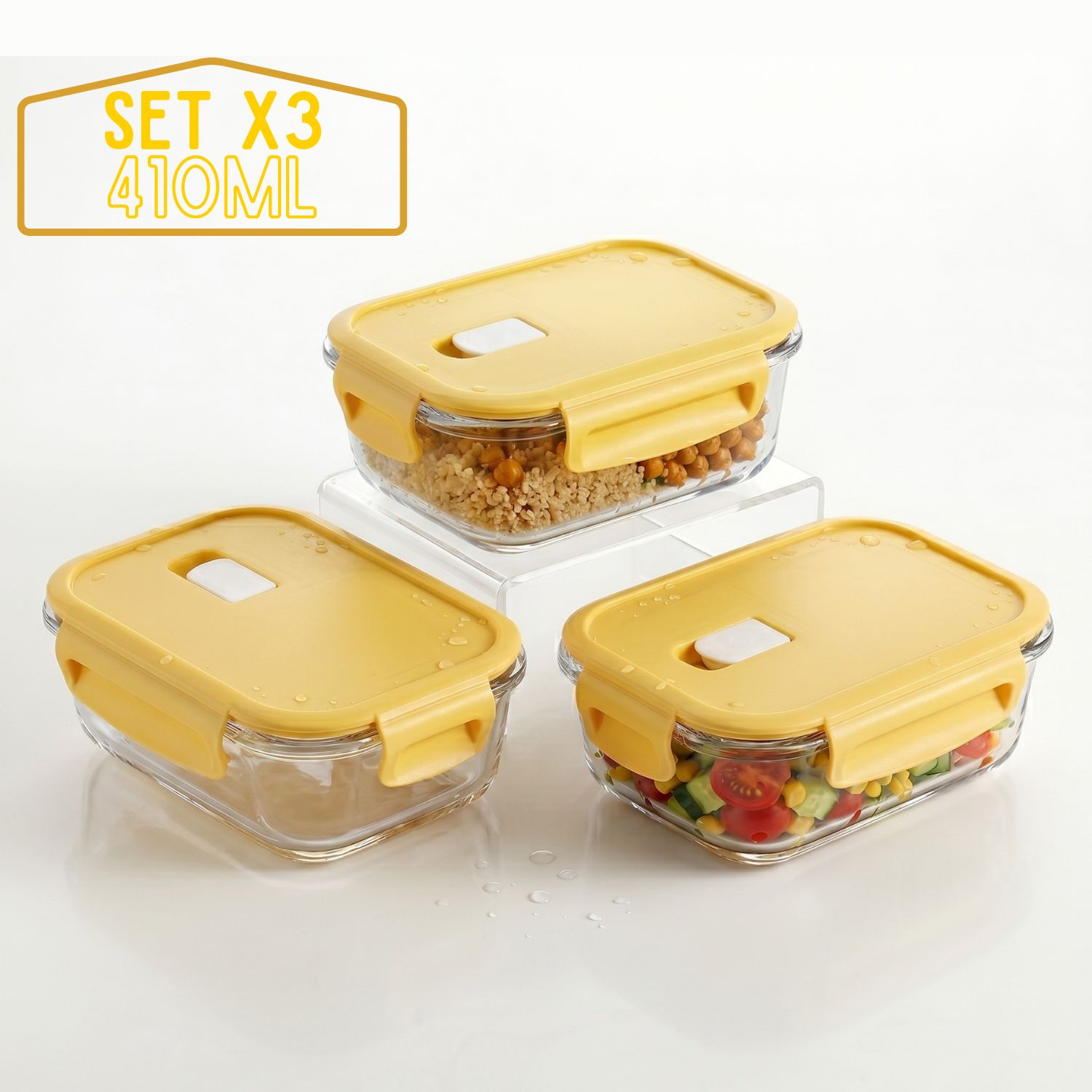 TAPER HERMÉTICO DE VIDRIO PARA SNACKS 410ML PACK 3 VAINILLA - 1