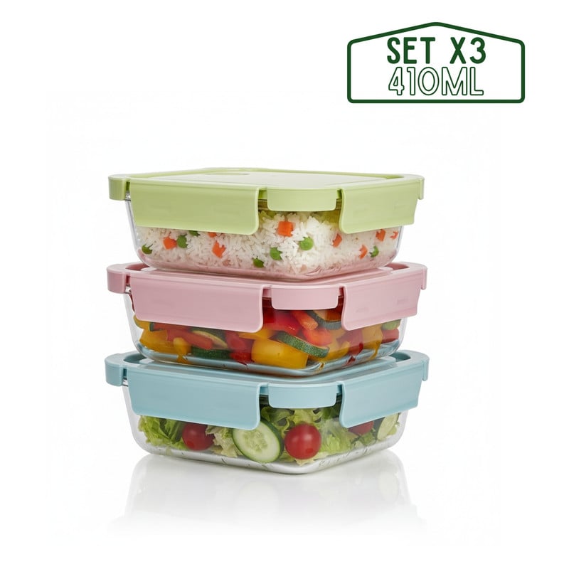 TAPER HERMÉTICO DE VIDRIO PARA SNACKS 410ML PACK 3 MULTICOLOR - 1