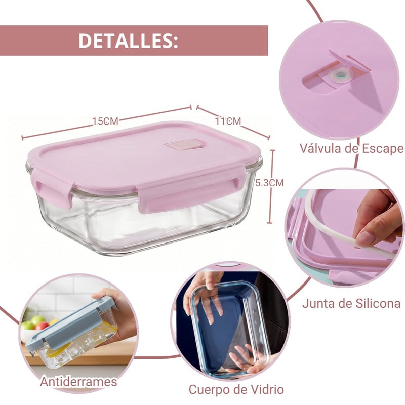 TAPER HERMÉTICO DE VIDRIO PARA SNACKS 410ML PACK 3 MULTICOLOR - 2