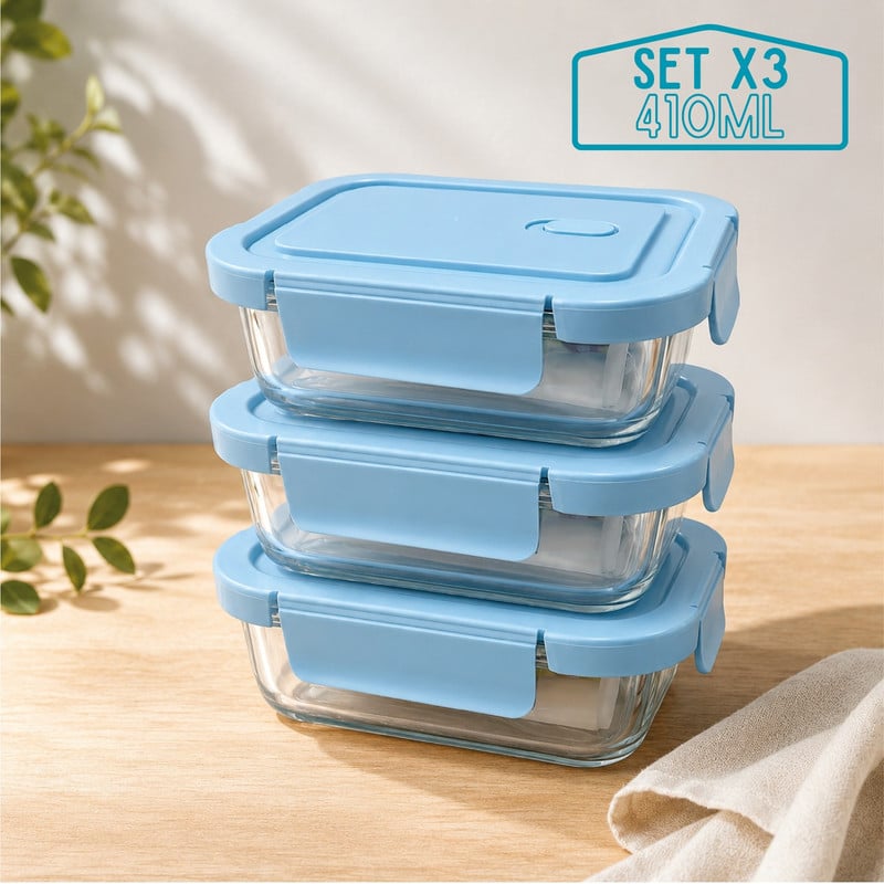 TAPER HERMÉTICO DE VIDRIO PARA SNACKS 410ML PACK 3 CELESTE - 1