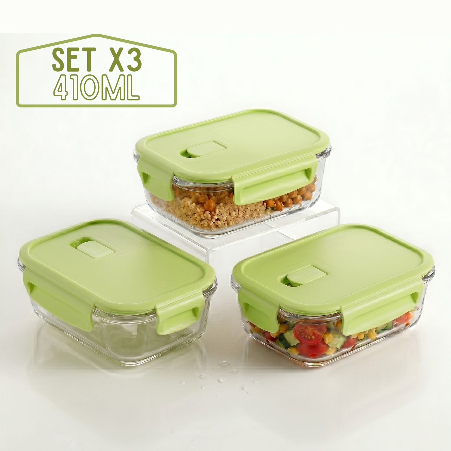 TAPER HERMÉTICO DE VIDRIO PARA SNACKS 410ML PACK 3 VERDE - 1