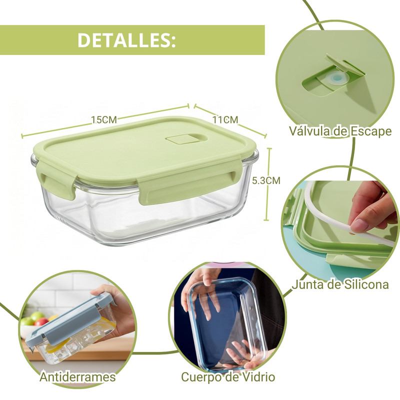 TAPER HERMÉTICO DE VIDRIO PARA SNACKS 410ML PACK 3 VERDE - 2