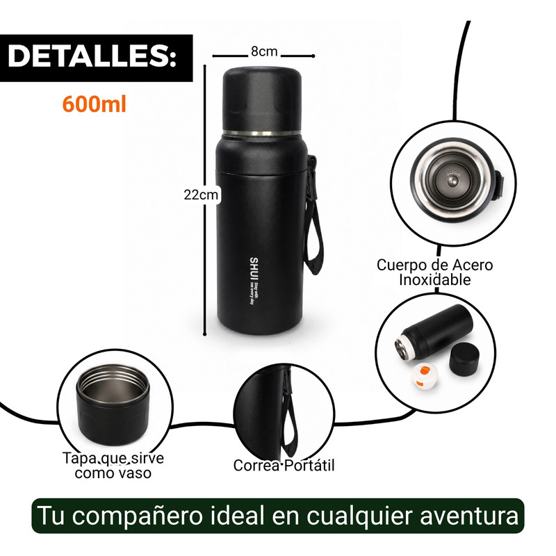 TERMO TOMATODO ACERO INOXIDABLE 304 600ML ANTIFUGAS NEGRO - 2