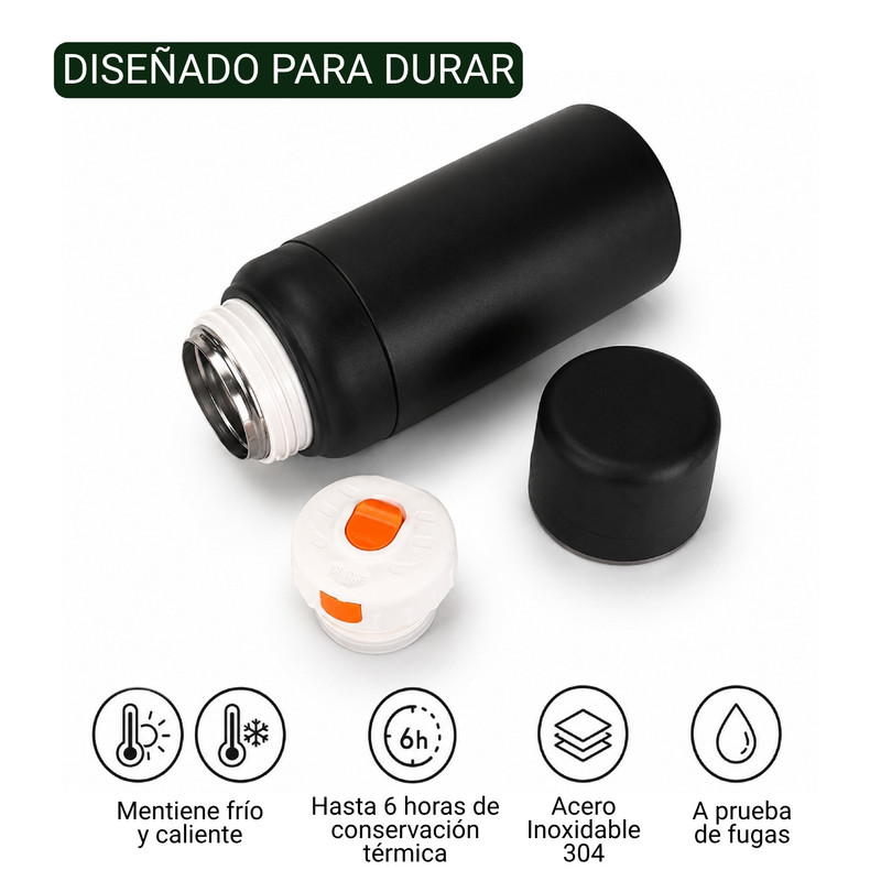 TERMO TOMATODO ACERO INOXIDABLE 304 600ML ANTIFUGAS NEGRO - 3