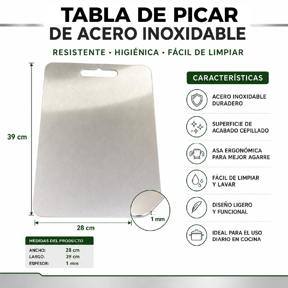TABLA DE PICAR ACERO INOXIDABLE 39X28CM RESISTENTE PARA COCINA - 2
