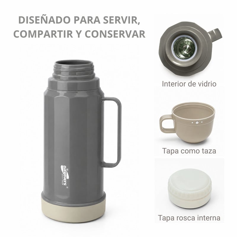 TERMO 1.8L INTERIOR DE VIDRIO CONSERVA TUS BEBIDAS TODO EL DÍA GRIS - 3