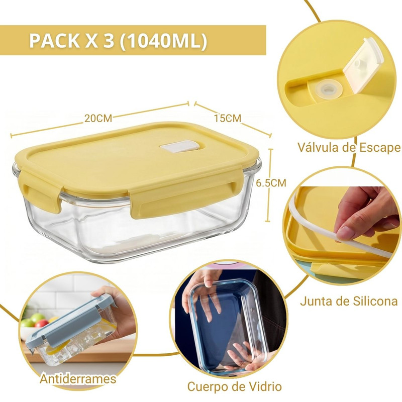 TAPER DE VIDRIO HERMÉTICO 1040ML RECTANGULAR SET 3 UNIDADES VAINILLA - 2