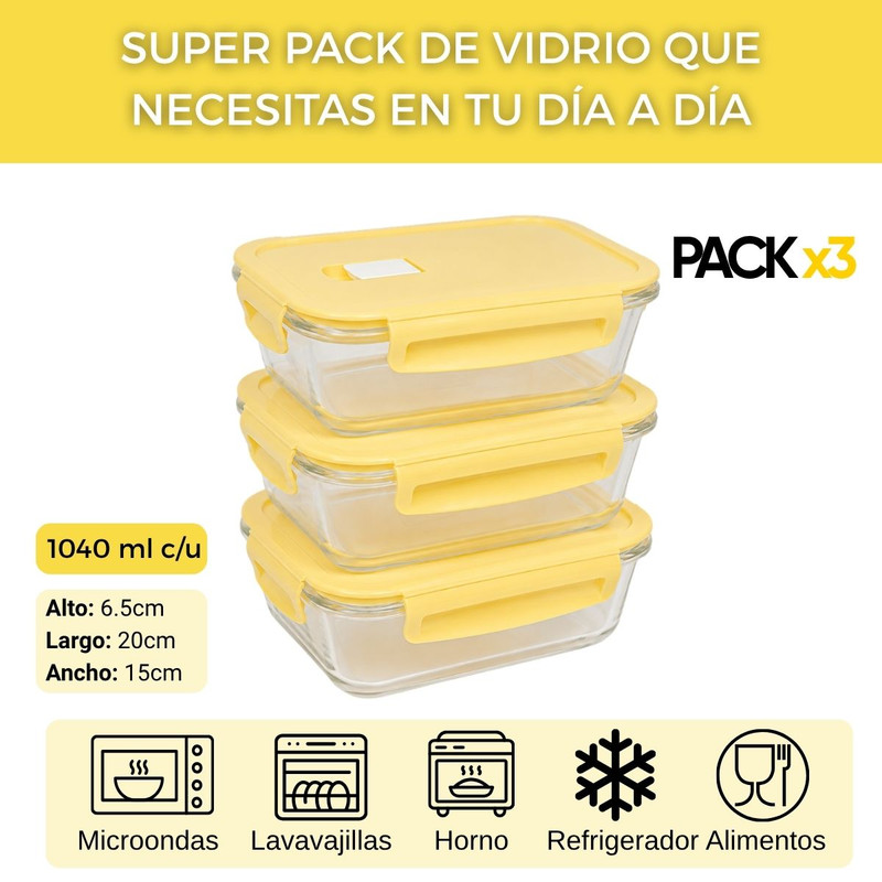 TAPER DE VIDRIO HERMÉTICO 1040ML RECTANGULAR SET 3 UNIDADES VAINILLA - 3
