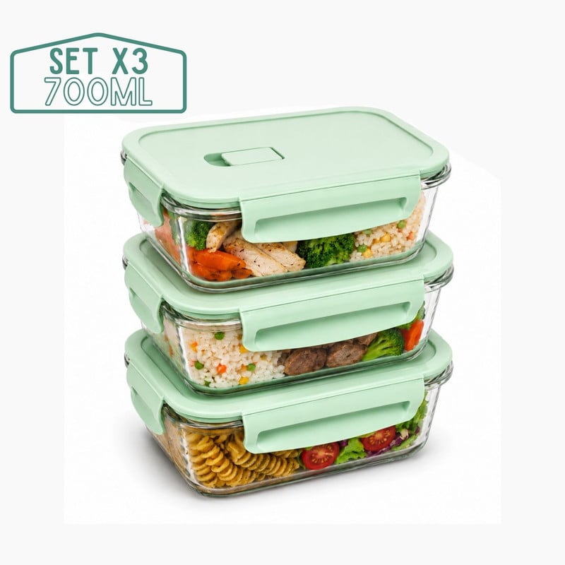 TAPER DE VIDRIO HERMÉTICO 700ML RECTANGULAR SET DE 3 UNIDADES JADE - 1