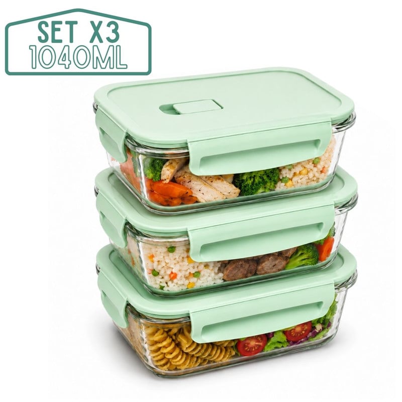 TAPER DE VIDRIO HERMÉTICO 1040ML RECTANGULAR SET 3 UNIDADES JADE - 1