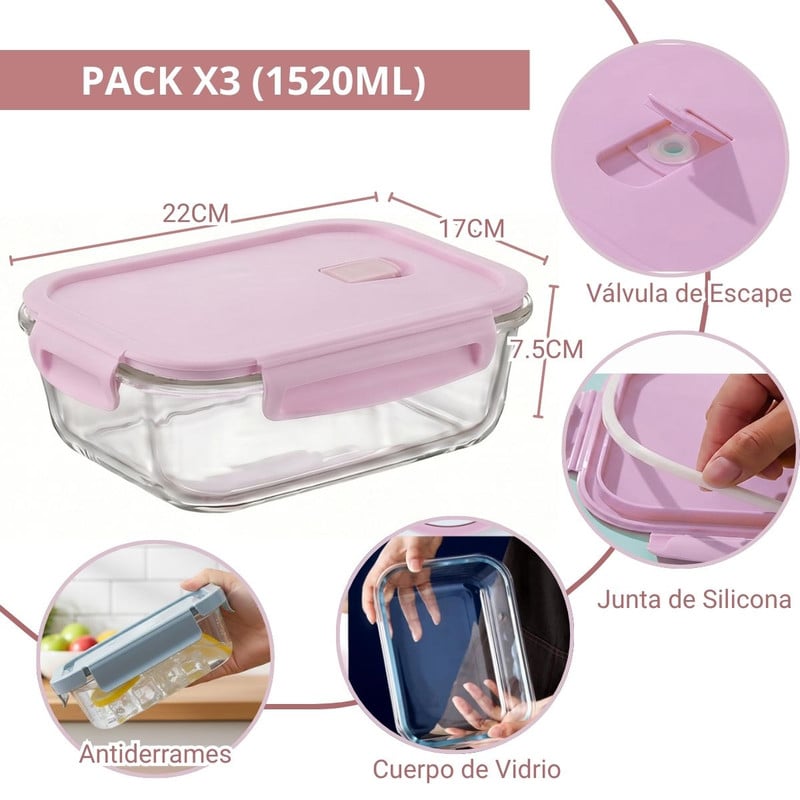 3 TAPER DE VIDRIO HERMÉTICO 1520ML RECTANGULAR PREMIUM ROSA - 2