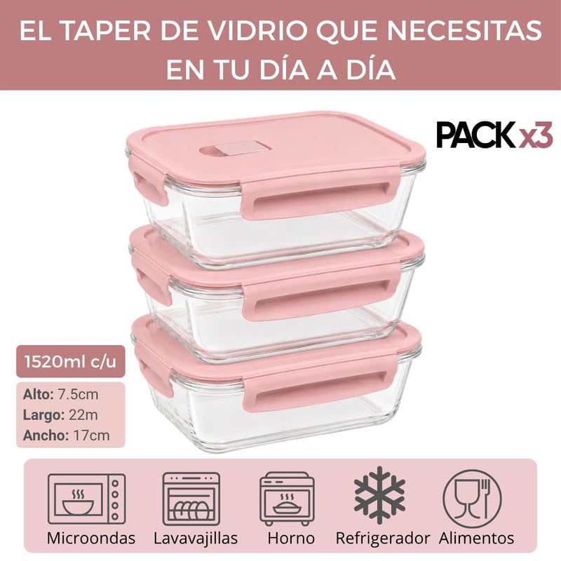 3 TAPER DE VIDRIO HERMÉTICO 1520ML RECTANGULAR PREMIUM ROSA - 3