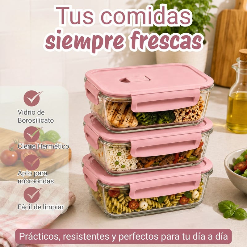 3 TAPER DE VIDRIO HERMÉTICO 1520ML RECTANGULAR PREMIUM ROSA - 4