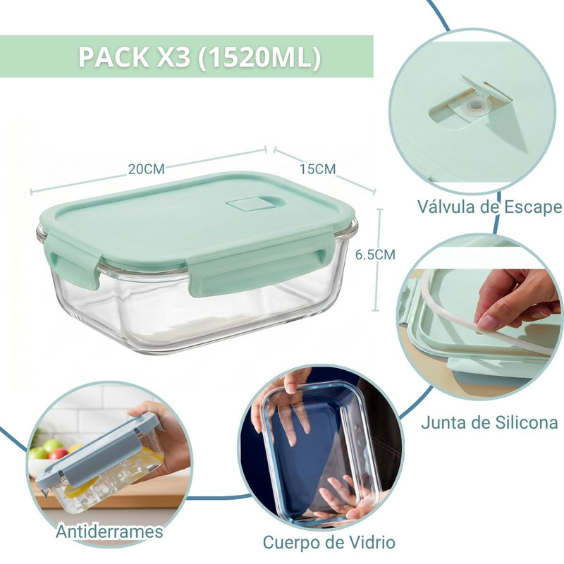 3 TAPER DE VIDRIO HERMÉTICO 1520ML RECTANGULAR PREMIUM JADE - 2