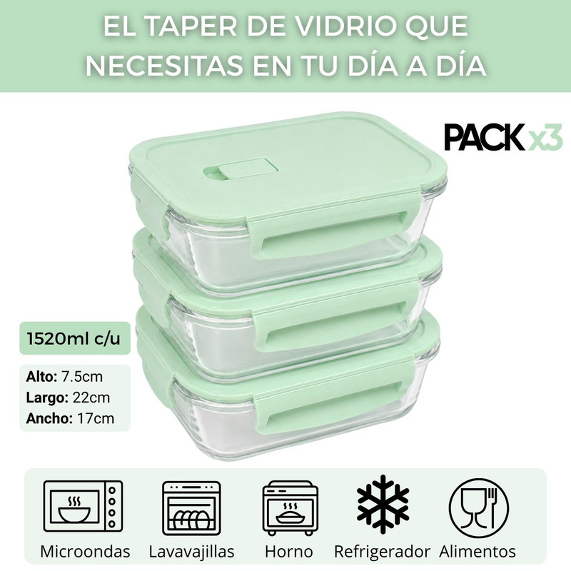 3 TAPER DE VIDRIO HERMÉTICO 1520ML RECTANGULAR PREMIUM JADE - 3