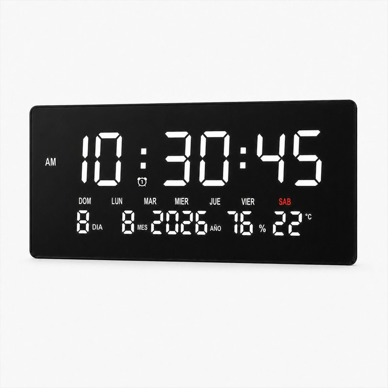 RELOJ DIGITAL GRANDE CON FECHA, TEMPERATURA Y HUMEDAD PARED BLANCO - 1