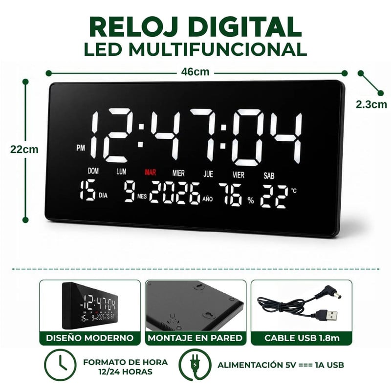 RELOJ DIGITAL GRANDE CON FECHA, TEMPERATURA Y HUMEDAD PARED BLANCO - 2