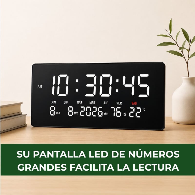 RELOJ DIGITAL GRANDE CON FECHA, TEMPERATURA Y HUMEDAD PARED BLANCO - 3