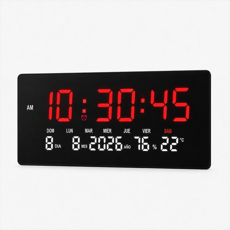 RELOJ DIGITAL GRANDE CON FECHA, TEMPERATURA Y HUMEDAD PARED ROJO - 1