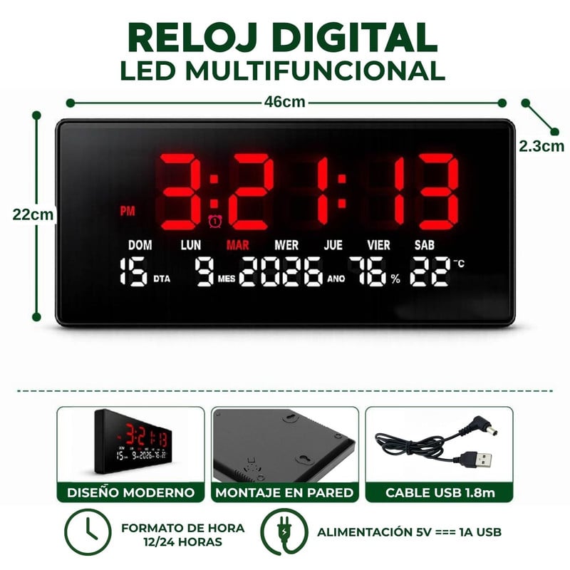 RELOJ DIGITAL GRANDE CON FECHA, TEMPERATURA Y HUMEDAD PARED ROJO - 2